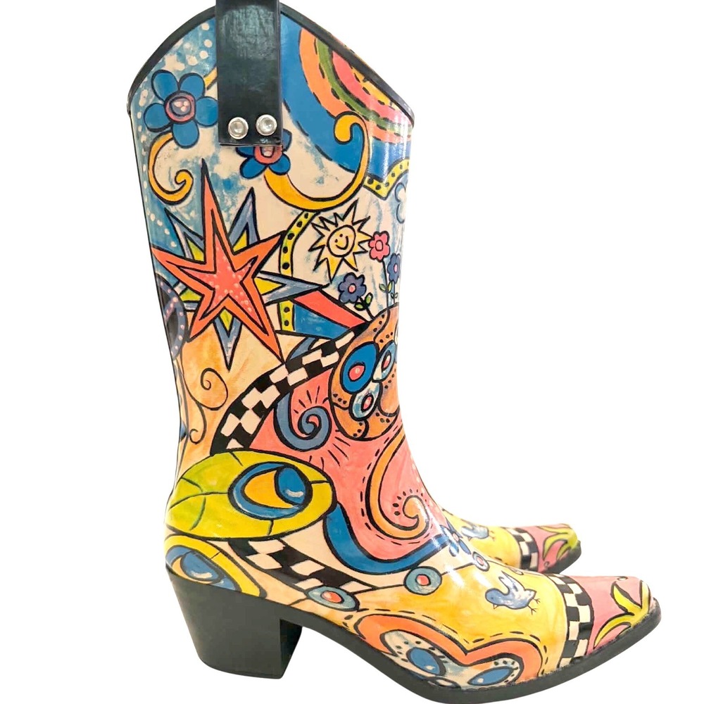 Rain BOPS by Beehive Women 7 Multi Color Pop Art Doodle Western Rain Boots